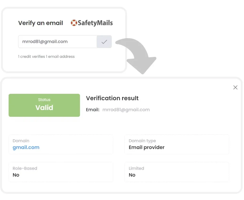 example of an individual email verification using SafetyMails