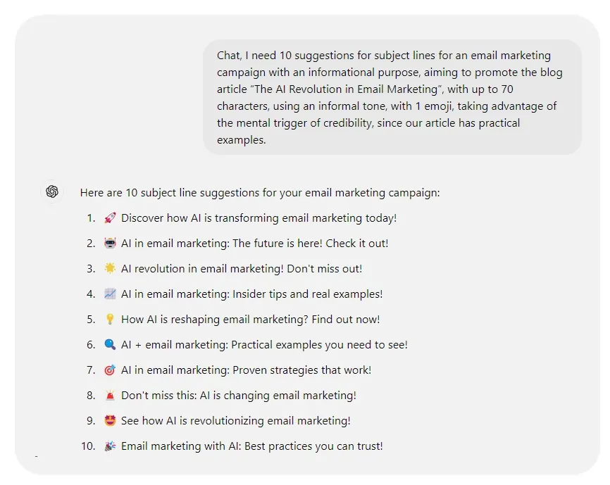 ChatGPT prompt for email subject line suggestions