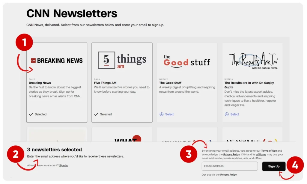 CNN's website newsletter preference center