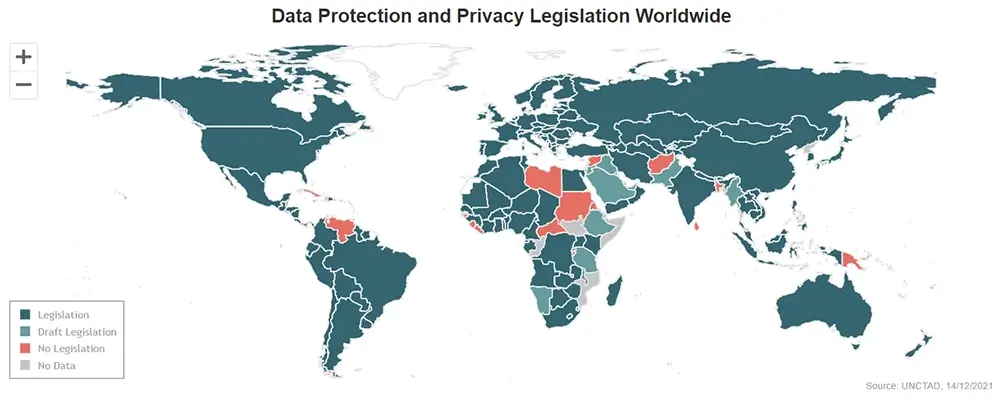 Data Protection and Privacy Laws around the world, according to UNCTAD in 2021