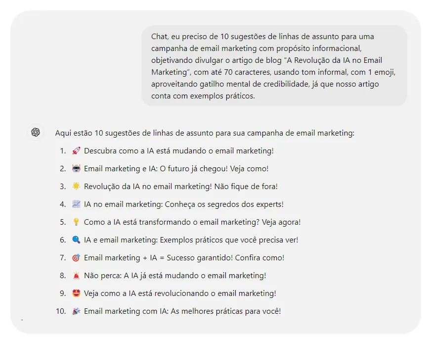 Sugestões de linhas de assunto para email marketing geradas pelo ChatGPT - exemplo de prompt